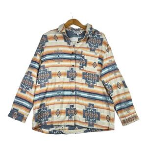 Mountain And‎ Isles Southwestern Navajo Knit Jacquard Button Down Shirt Tan Blue